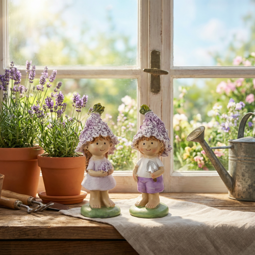 Artículo Figura decorativa de un niño y una niña con flores en tonos lavanda para salón y jardín, 10 cm, 2 piezas.