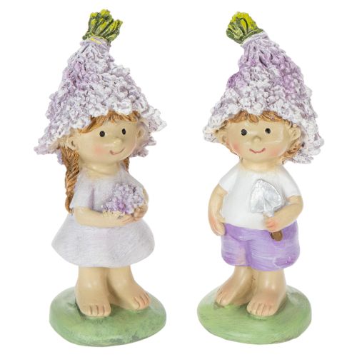 Artículo Figura decorativa de un niño y una niña con flores en tonos lavanda para salón y jardín, 10 cm, 2 piezas.