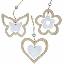 Artículo Decoración percha corazón flor mariposa naturaleza, decoración de madera plateada 6 piezas