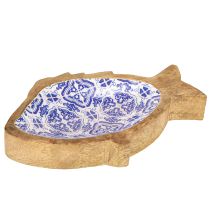 Artículo Cuenco decorativo de madera con forma de pez, color azul y blanco natural, 18 x 11 x 3 cm.