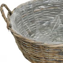Artículo Cesta con asas, recipiente de madera trenzada, cuenco para plantas natural, blanco lavado H18.5cm Ø51cm