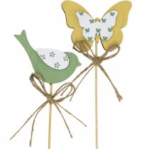 Artículo Tapón pájaro mariposa, decoración madera, tapón planta decoración primavera verde, amarillo L24/25cm 12uds
