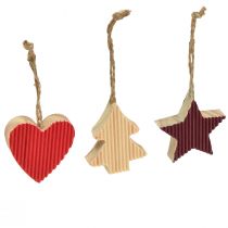 Artículo Decoraciones para árboles de Navidad corazón de madera árbol estrella rojo 4,5 cm 9 piezas