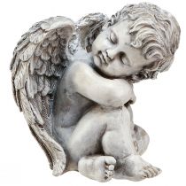 Ángel sentado figura decorativa decoración de tumba gris poliresina Al. 18 cm