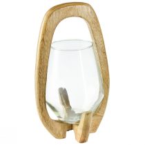 Farol de madera y cristal, farol decorativo de madera de mango natural Ø14cm H26cm