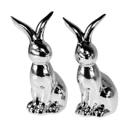 Floristik24 Conejito de Pascua Decorativo Conejito Decorativo de Cerámica Sentado Plata 18cm 2uds