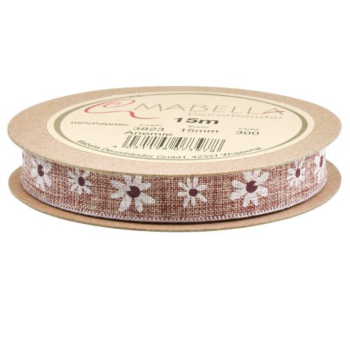 Artículo Cinta decorativa flores cinta de regalo vino rojo beige 15mm 15m