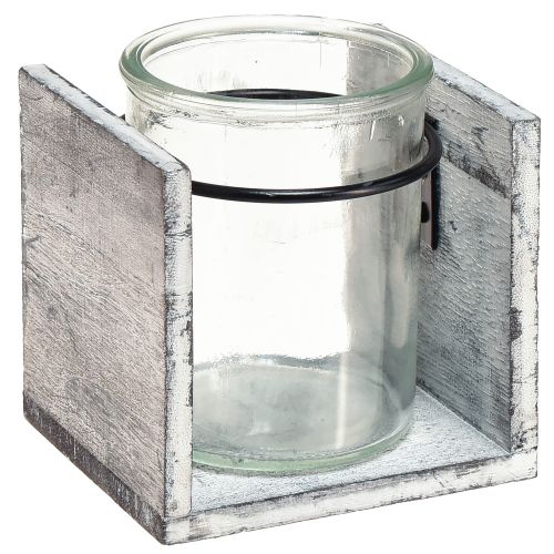Floristik24 Portavelas de cristal con marco de madera rústica - blanco grisáceo, 10x9x10 cm 3 piezas - encantadora decoración de mesa