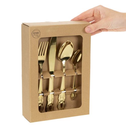 Artículo Juego de cubiertos dorados, 16 piezas, en una caja de cartón.