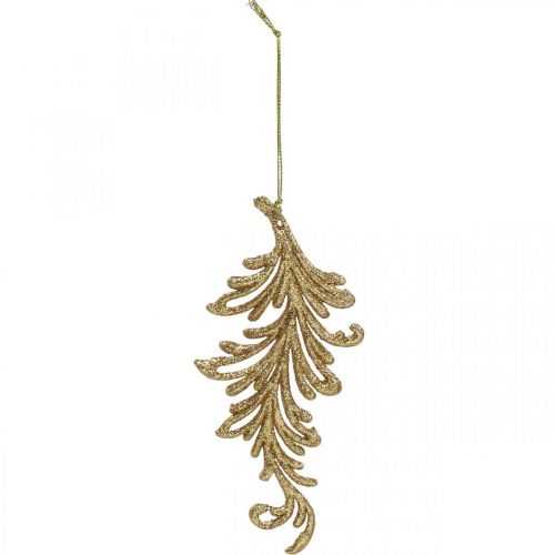 Artículo Colgantes de árbol con purpurina, plumas decorativas para colgar, adornos navideños dorados L16cm 6 piezas