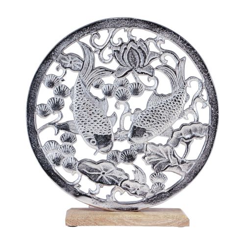 Artículo Anillo decorativo metal base madera decoración loto koi plateado Ø32cm