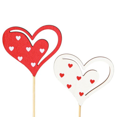 Tapón decorativo corazones rojo blanco decoración de madera 7,5×6,5cm 12 piezas