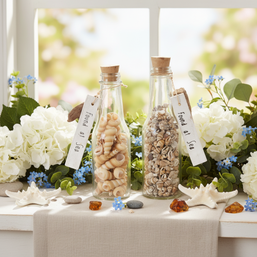 Artículo Decoración de botella de vidrio con conchas y colgante, decoración de mesa marítima, 17 cm, 2 piezas