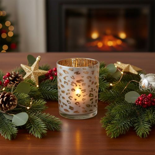 Artículo Portavelas de cristal con estampado de leopardo, 12 cm