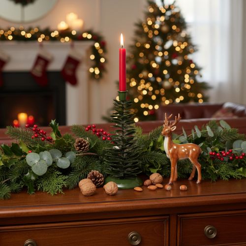 Artículo Candelabro con forma de árbol de Navidad, decoración de metal verde de 28 cm.