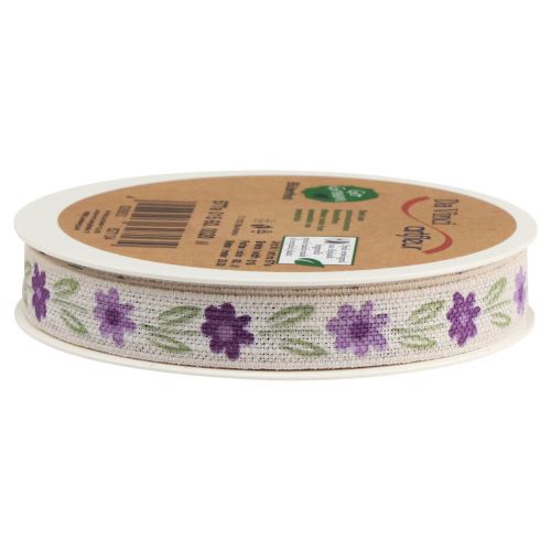 Artículo Cinta de regalo flores cinta de algodón violeta blanco 15mm 20m