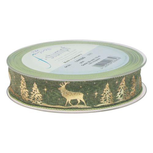 Artículo Cinta de regalo cinta navideña dorada verde ciervo 25mm 15m