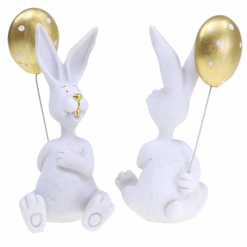 Floristik24 Conejito con globo sentado blanco, dorado H13.5cm 2pcs