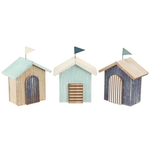 Artículo Casa de madera decoración de casa de playa azul natural H9,5cm 3 piezas