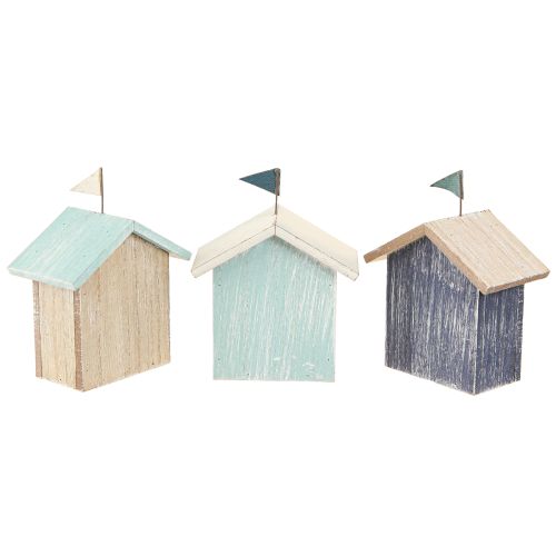 Artículo Casa de madera decoración de casa de playa azul natural H9,5cm 3 piezas