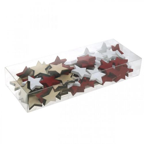 Artículo Decoración dispersa de estrellas de madera natural, rojo, blanco 3cm mezcla 72 piezas