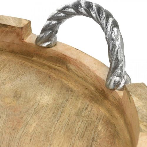Floristik24 Bandeja de madera con asas, decoración de mesa redonda madera auténtica, metal natural, plata Ø40,5cm