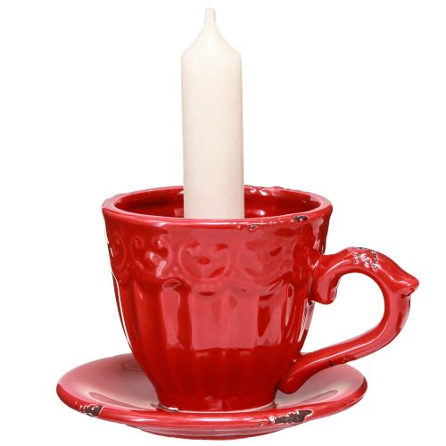 Artículo Portavelas de cerámica taza roja para velas de palo 13×11×8cm 3uds