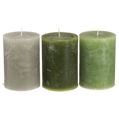 Velas verde 3 colores pilares lisos 70x100mm 12uds