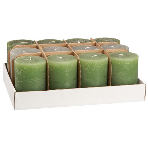 Artículo Velas verde 3 colores pilares lisos 70x100mm 12uds