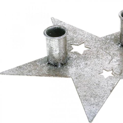 Artículo Estrella de decoración de velas, decoración de metal, candelabro para 2 velas cónicas plateadas, aspecto antiguo 23cm × 22cm