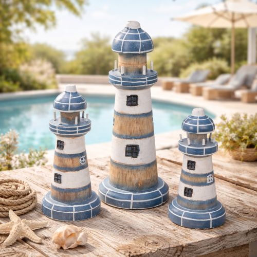 Artículo Faros de madera Decoración estilo marítimo para salón y terraza 20 cm, juego de 3