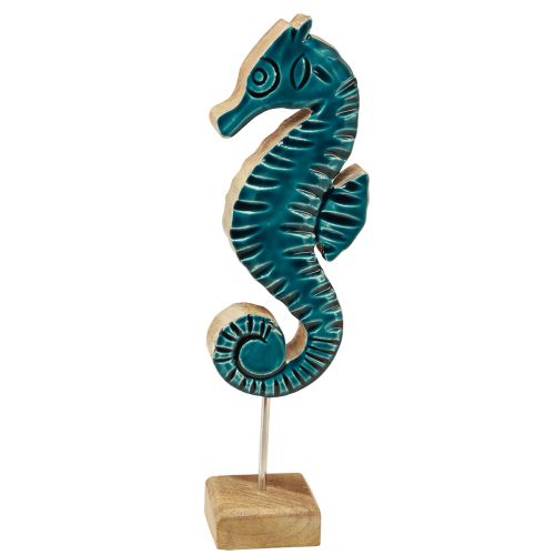 Artículo Decoración marítima caballito de mar sobre soporte madera de mango turquesa 29cm