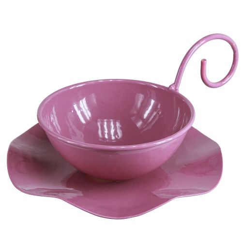 Taza decorativa de metal con platillo rosa H8cm Ø11,5cm 2ud