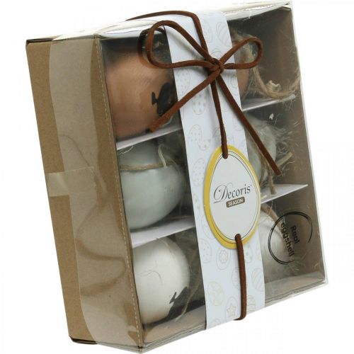 Floristik24 Decoración de Pascua, huevos de gallina para colgar, huevos decorativos de plumas y gallina, marrón, azul, blanco, juego de 6