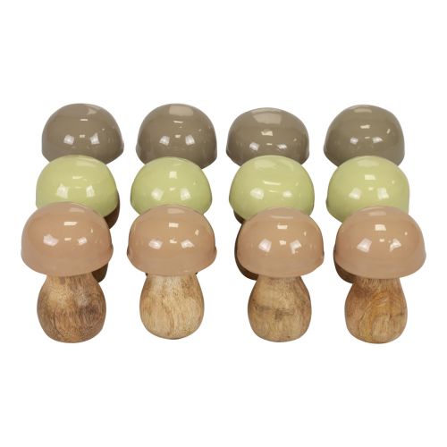 Floristik24 Setas de madera Setas decorativas madera beige, verde Ø5cm 7,5cm 12ud