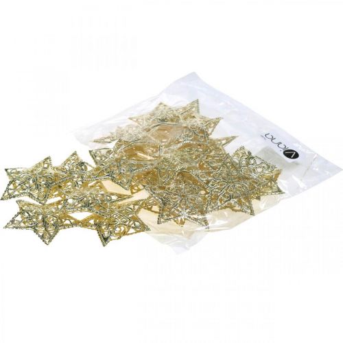 Artículo Estrellas decorativas dispersas, accesorio de cadena de luces, Navidad, decoración de metal dorado Ø6cm 20 piezas