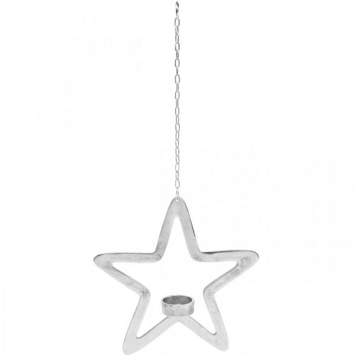 Artículo Portavelas decorativo estrella de metal para colgar plateado 24cm