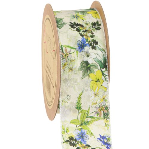 Floristik24 Cinta de tela con flores cinta decorativa verde azul amarillo 40mm 15m