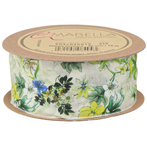 Artículo Cinta de tela con flores cinta decorativa verde azul amarillo 40mm 15m