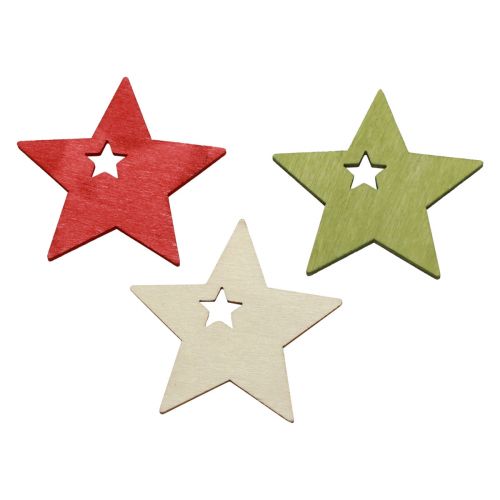 Decoración dispersa Navidad estrellas de madera rojo verde natural 5cm 72 piezas