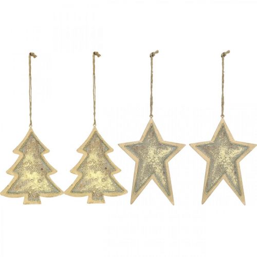 Artículo Colgantes de metal abeto y estrella, adornos para árboles de Navidad, decoración navideña dorada, aspecto antiguo H15.5 / 17cm 4 piezas