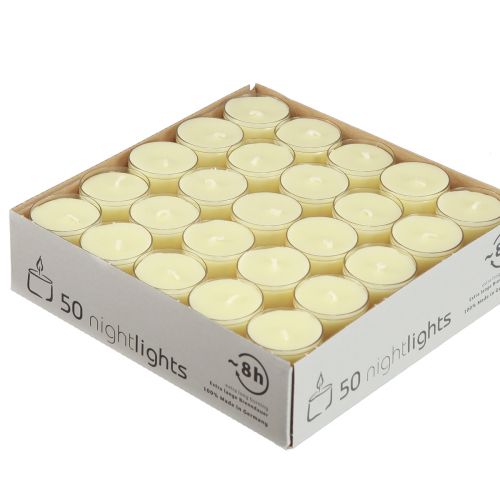 Artículo Luces de noche velas de té amarillo crema en recipiente de plástico 8 horas 50 piezas