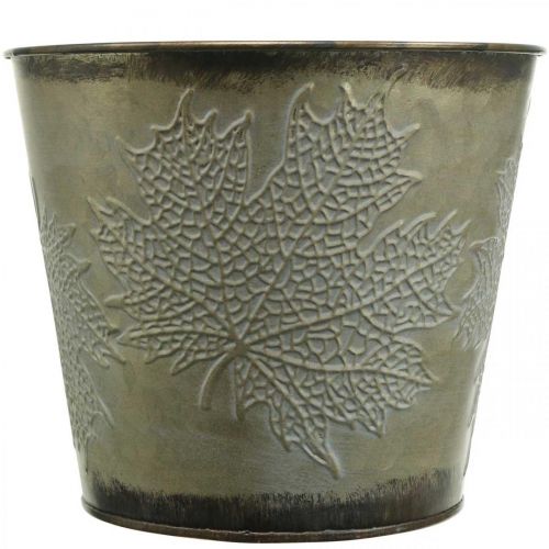 Artículo Cubo para plantas con decoración de hojas, recipiente de metal, dorado otoñal Ø18cm H17cm