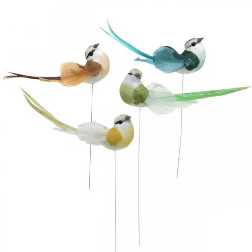 Pájaros decorativos, decoración de primavera, pájaros con  plumas, verano, pájaros en alambre, colorido H3.5cm, 12 piezas-04209