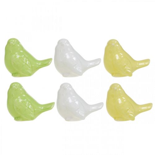 Artículo Pájaro de cerámica blanco, verde, amarillo, decoración de mesa H5cm L6cm 6pcs