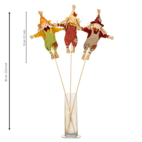 Artículo Figura decorativa de espantapájaros sobre un palo para manualidades y plantas, 60 cm.