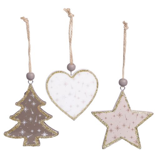 Artículo Colgante navideño estrella árbol corazón madera 6,5/7cm 6uds