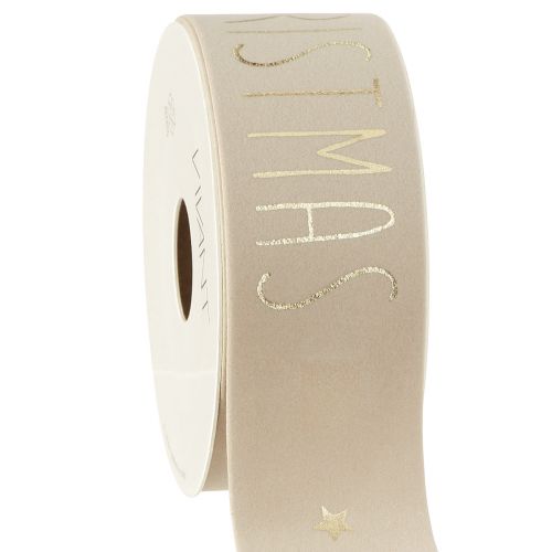 Artículo Cinta navideña terciopelo beige Feliz Navidad Dorado A40mm L5m