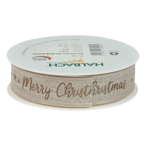 Artículo Cinta navideña Feliz Navidad cinta de lino marrón 25mm 15m
