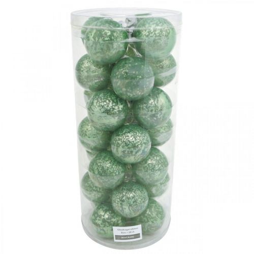 Artículo Bola de Navidad, decoración del árbol de Navidad, bola de cristal verde jaspeado H6,5cm Ø6cm vidrio real 24 piezas